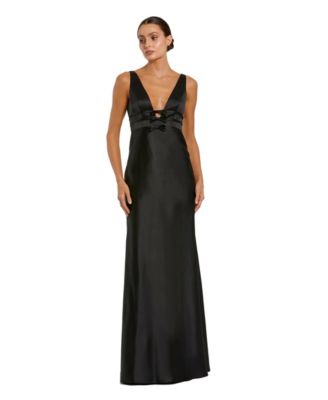 Women's Sleeveless V Neck Satin Gown With Bow Details