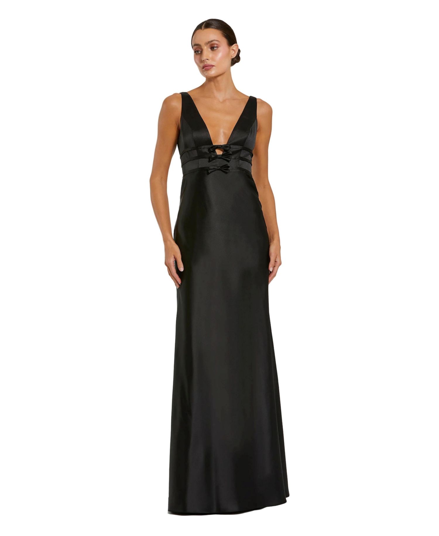 Women's Sleeveless V Neck Satin Gown With Bow Details