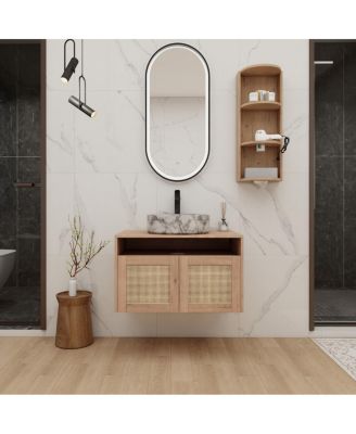 Wall Mounted Modern Bathroom Vanity Set, Vessel Ceramic Sink, Storage Rack with Open Shelves