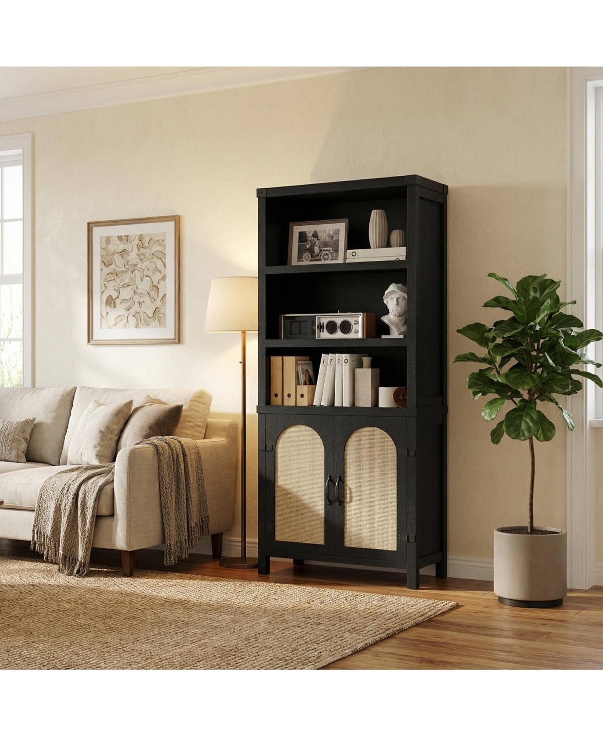 homfan 71 Inch Rustic Farmhouse 5-Tier Bookshelf with Doors, Adjustable Shelves and Storage Cabinets, Freestanding Display Organizer for Living Room
