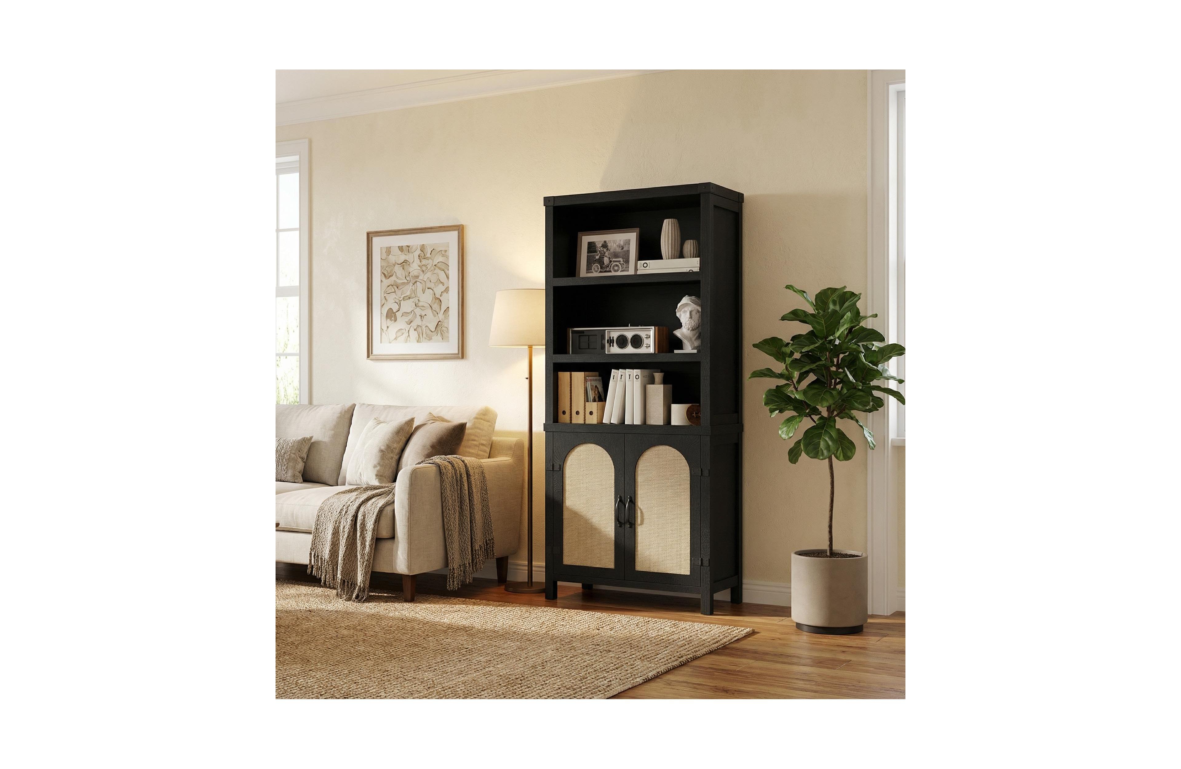 homfan 71 Inch Rustic Farmhouse 5-Tier Bookshelf with Doors, Adjustable Shelves and Storage Cabinets, Freestanding Display Organizer for Living Room