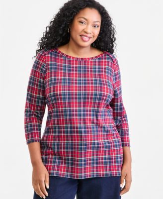 Plus Size Printed 3/4 Sleeve Boat-Neck Top