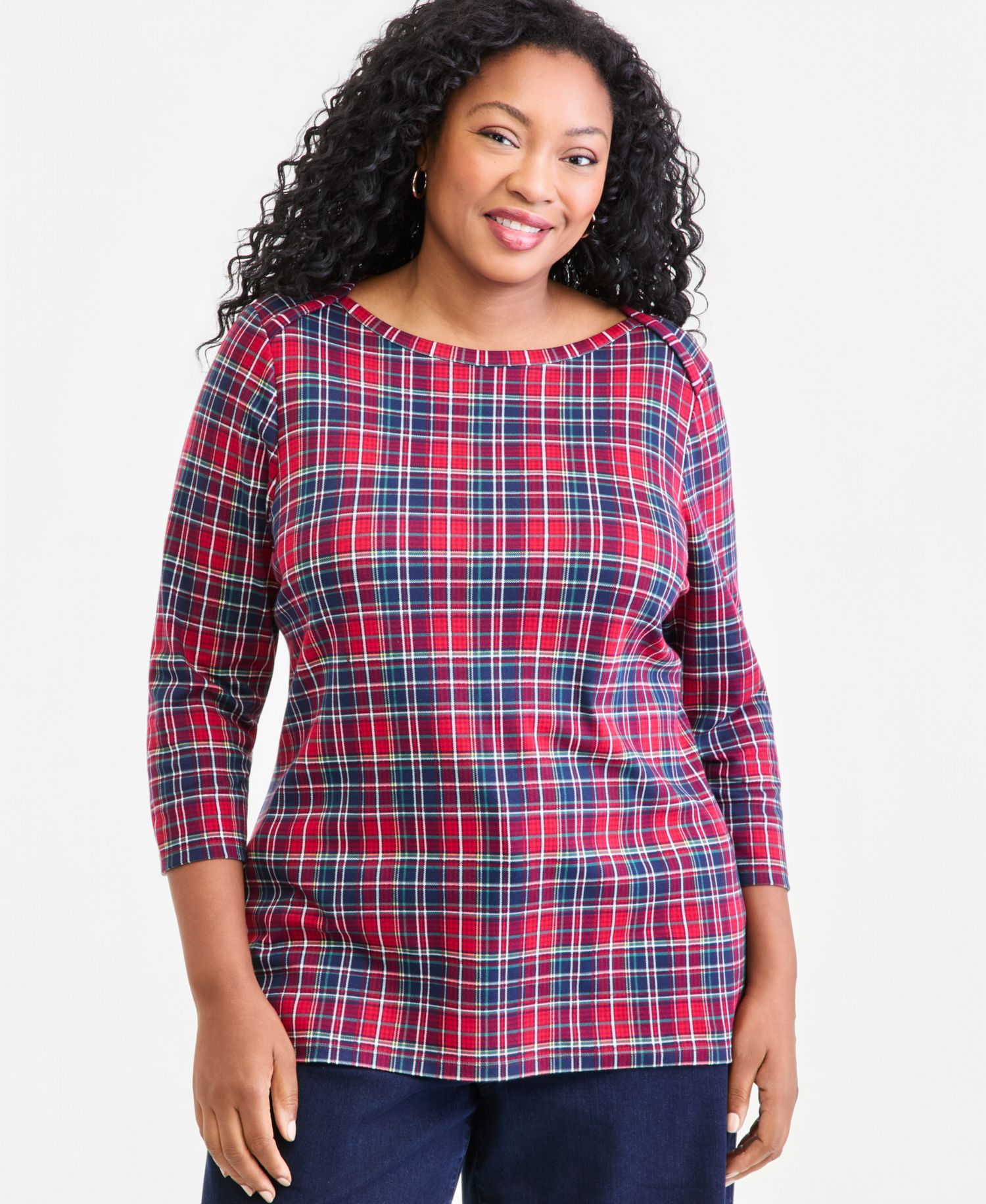 Plus Size Printed 3/4 Sleeve Boat-Neck Top