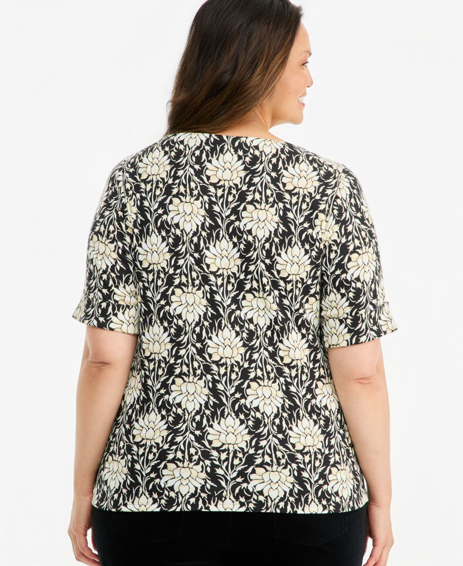 Plus Size Printed Boat-Neck Elbow Sleeve Top