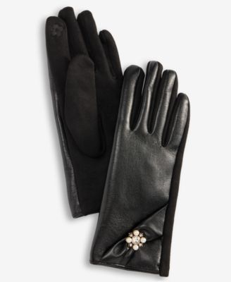 Women's Brooch Faux-Leather Gloves