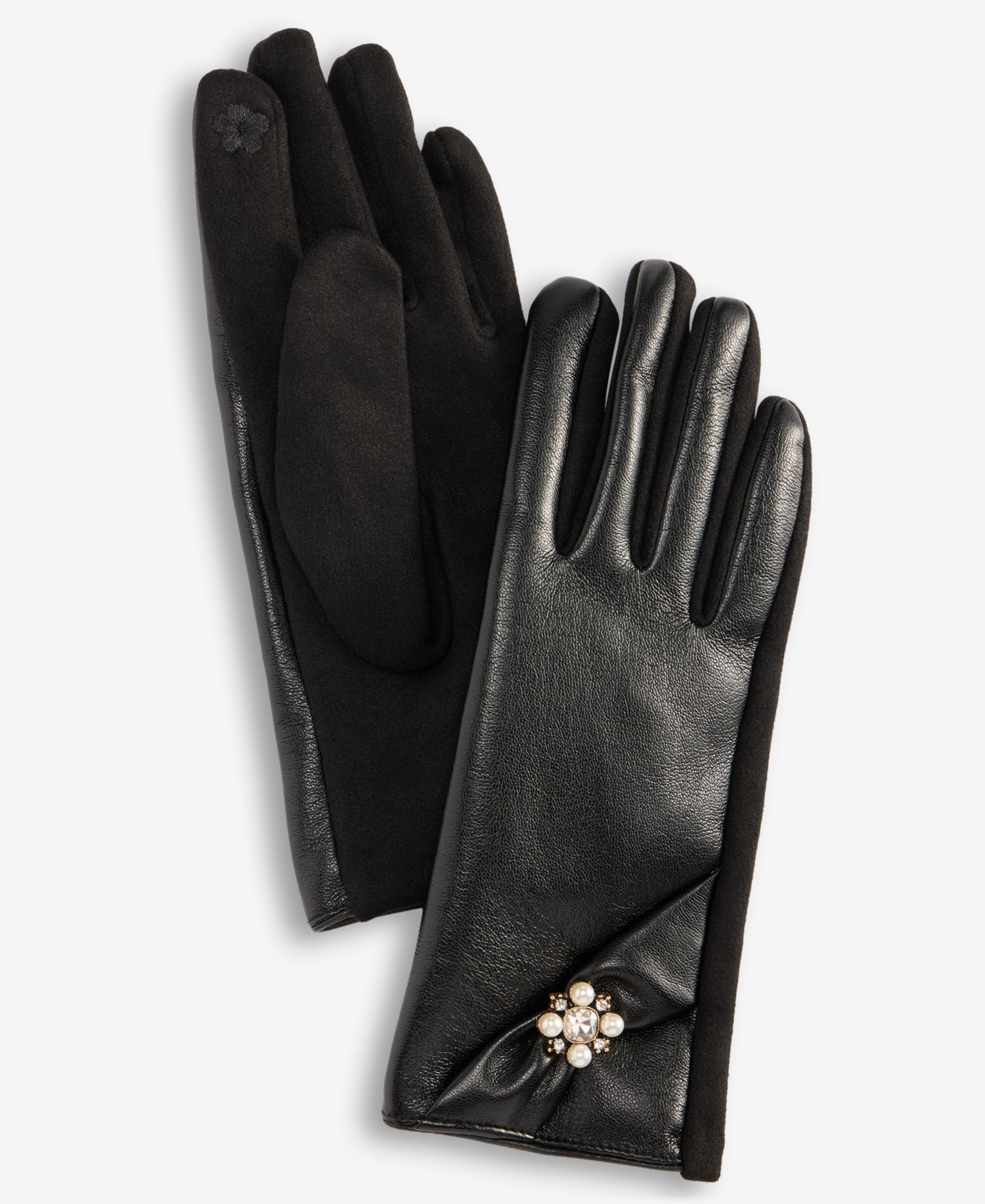 Women's Brooch Faux-Leather Gloves