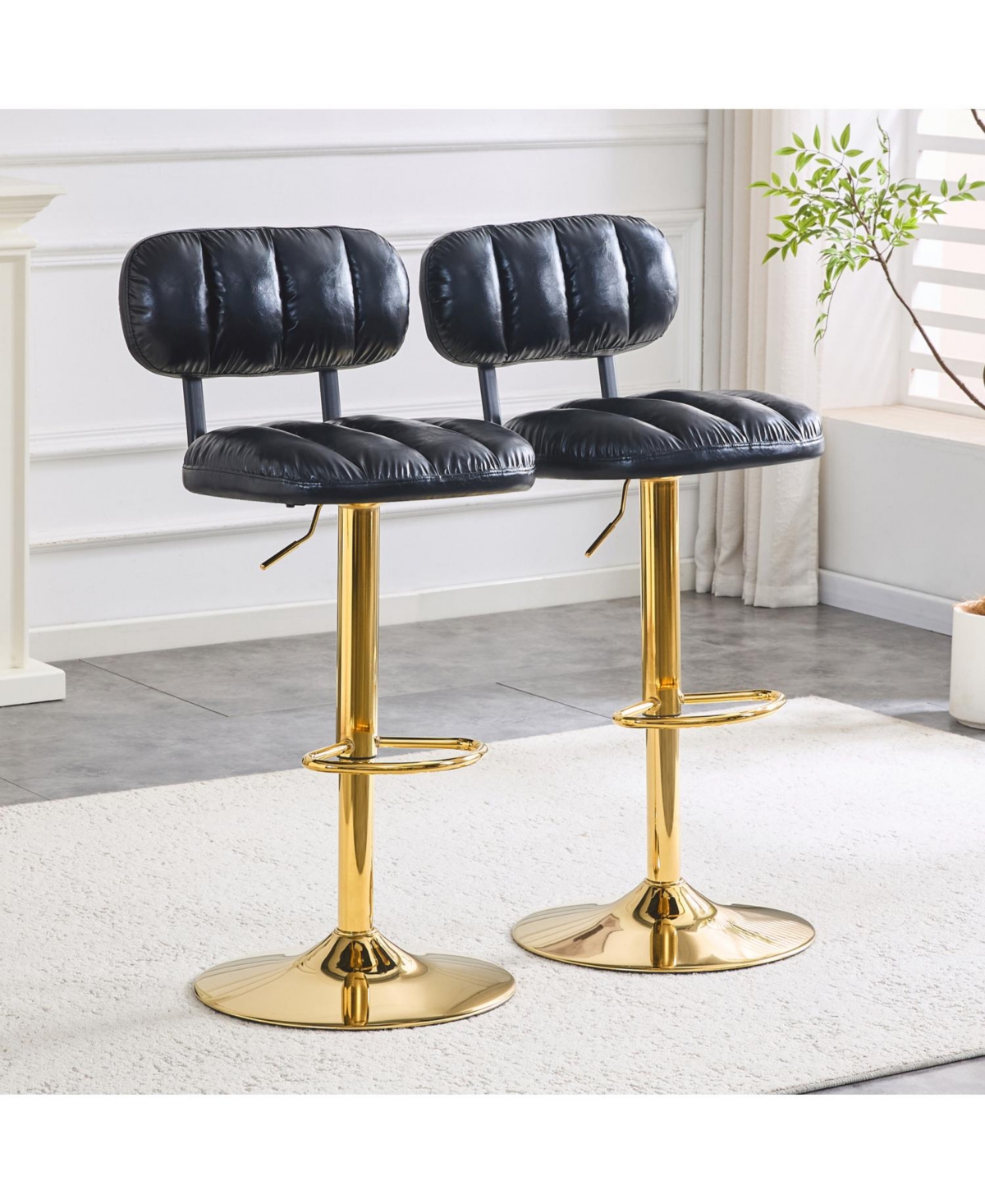Rainsken Swivel Bar Stools Set of 2, Pu Leather Upholstered Seat, with Metal Base and Footrest, for Kitchen Island, Home Bar, Game Room