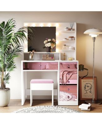 Dressing Table Set with Cushioned Stool, Modern Makeup Vanity with Glass Top, 11 LED Bulbs, 6 Storage Drawer and Shelves for Bedroom