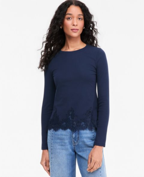 Женский топ On 34th Long-Sleeve Lace-Trim Knit Top, цвет: Тёмно-синий