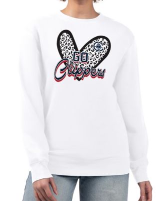 Women's White LA Clippers Leopard Heart Fleece Pullover Sweatshirt