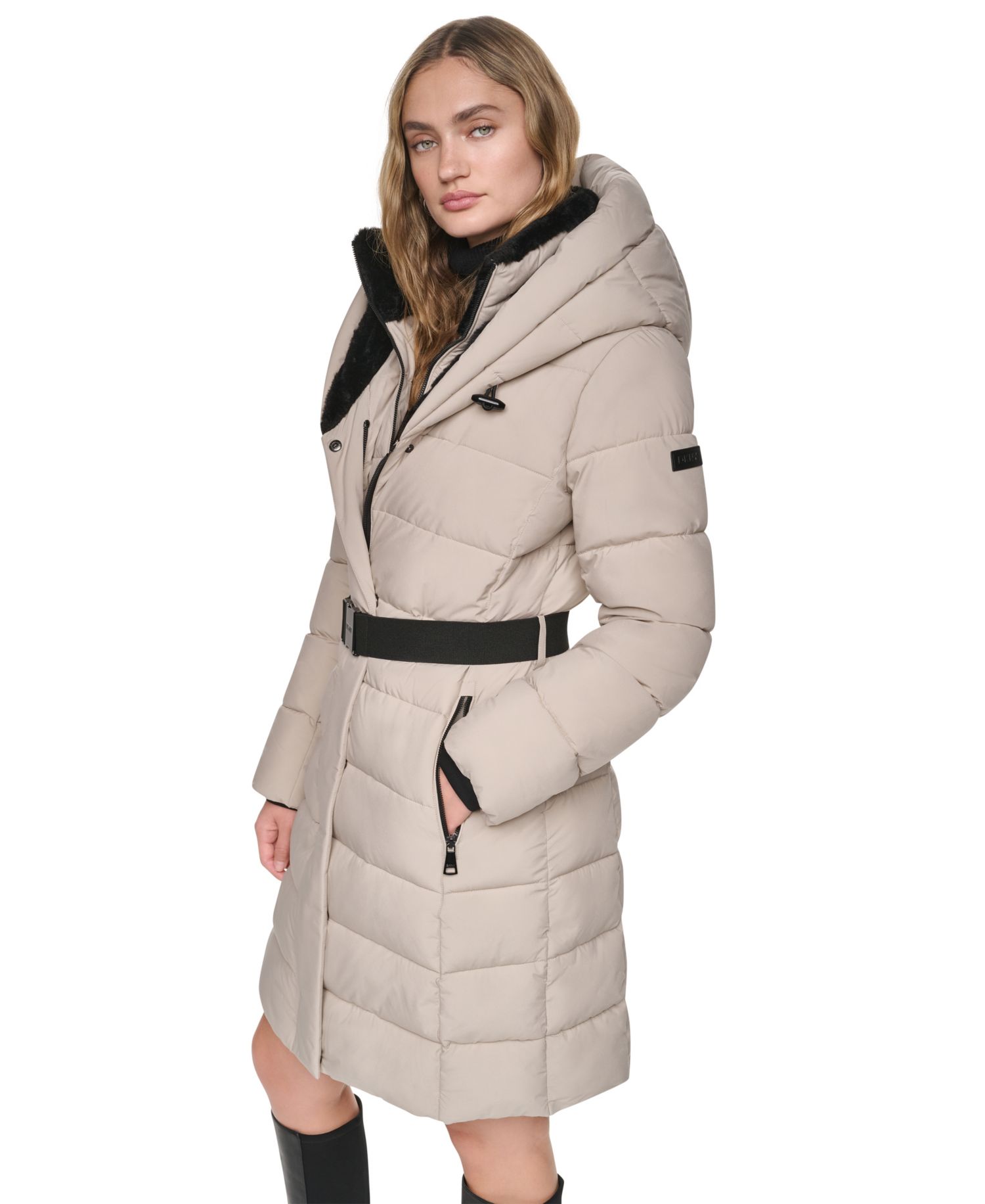 Women's Belted Walker with Faux Fur Hood and Bib Coat