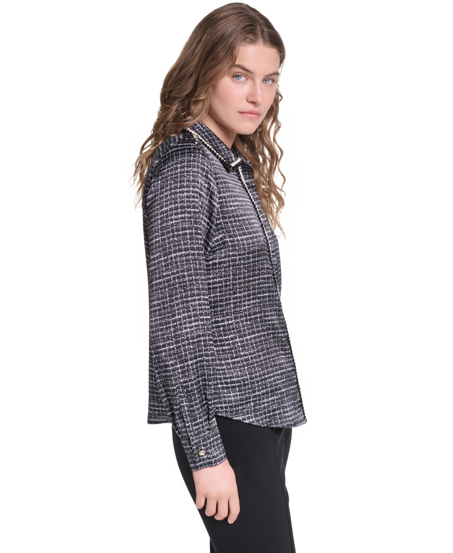 Petite Print Tweed Trim Top