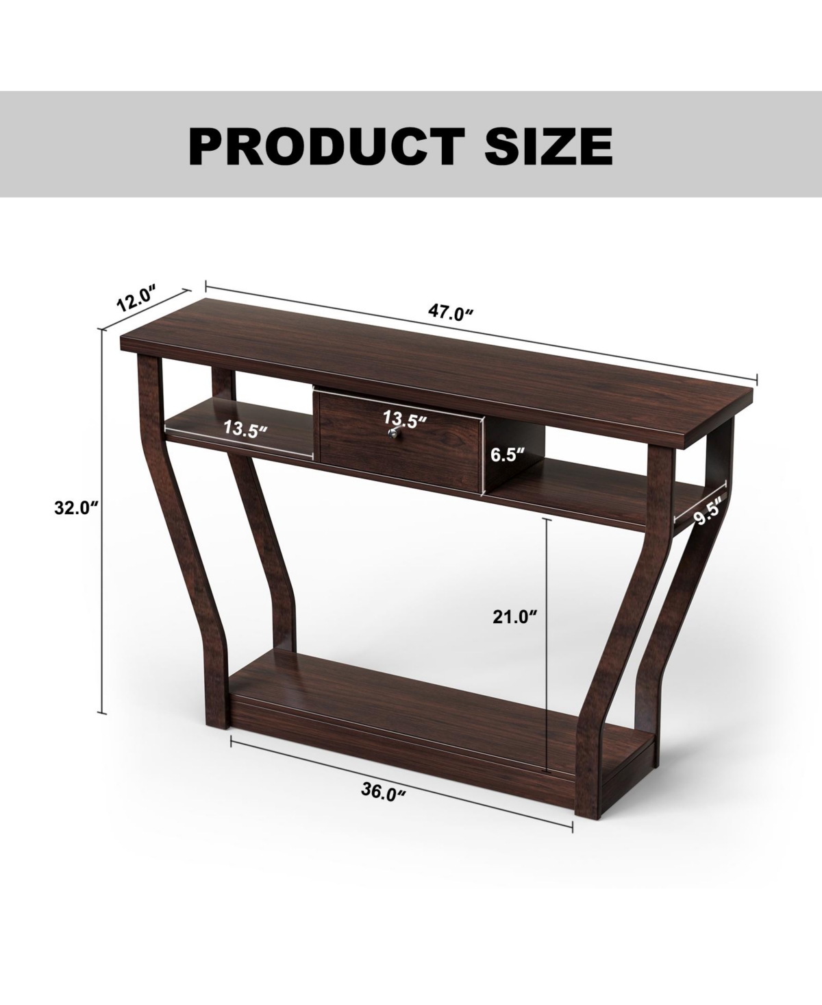Gouun Slim Sofa Console Accent Table with Drawer and Tiered Shelves