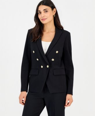 Petite Double-Breasted Fitted Stretch Ponte Blazer