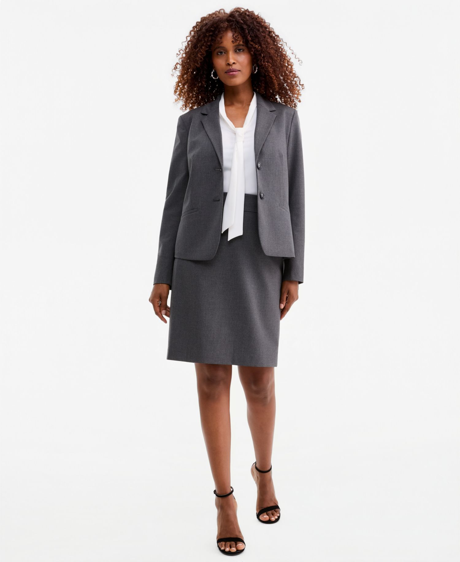 Women's Machine Washable Two-Button Jacket, Sleeveless Tie-Neck Top & Back-Zipper Pencil Skirt