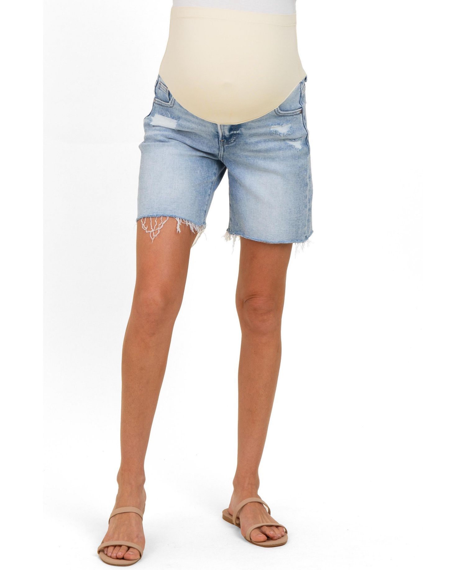 Women's Light Blue Distressed Frayed Hem Midi Jean Shorts
