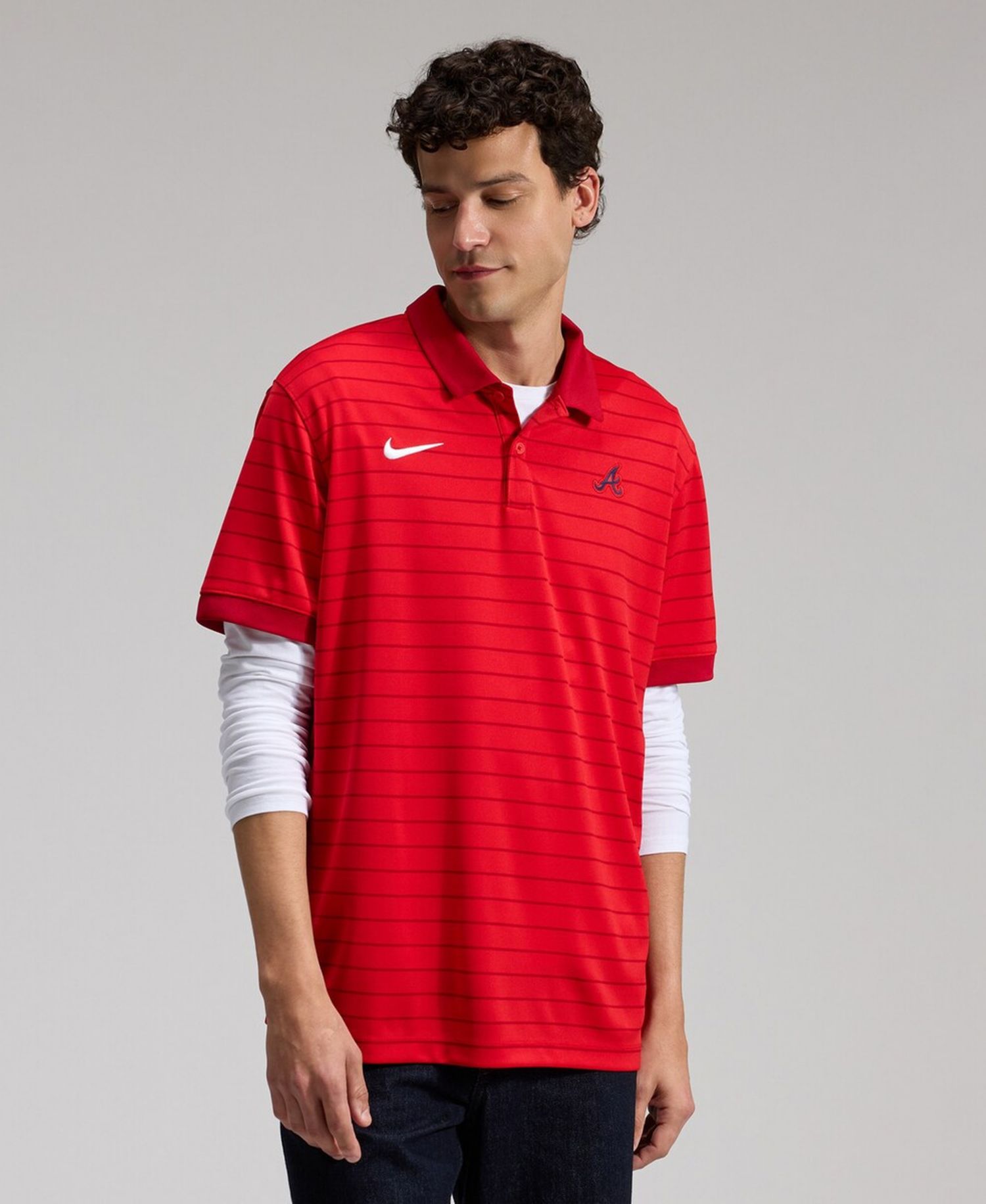 Men's Red Atlanta Braves Authentic Collection Striped Victory Dri-FIT Polo Shirt