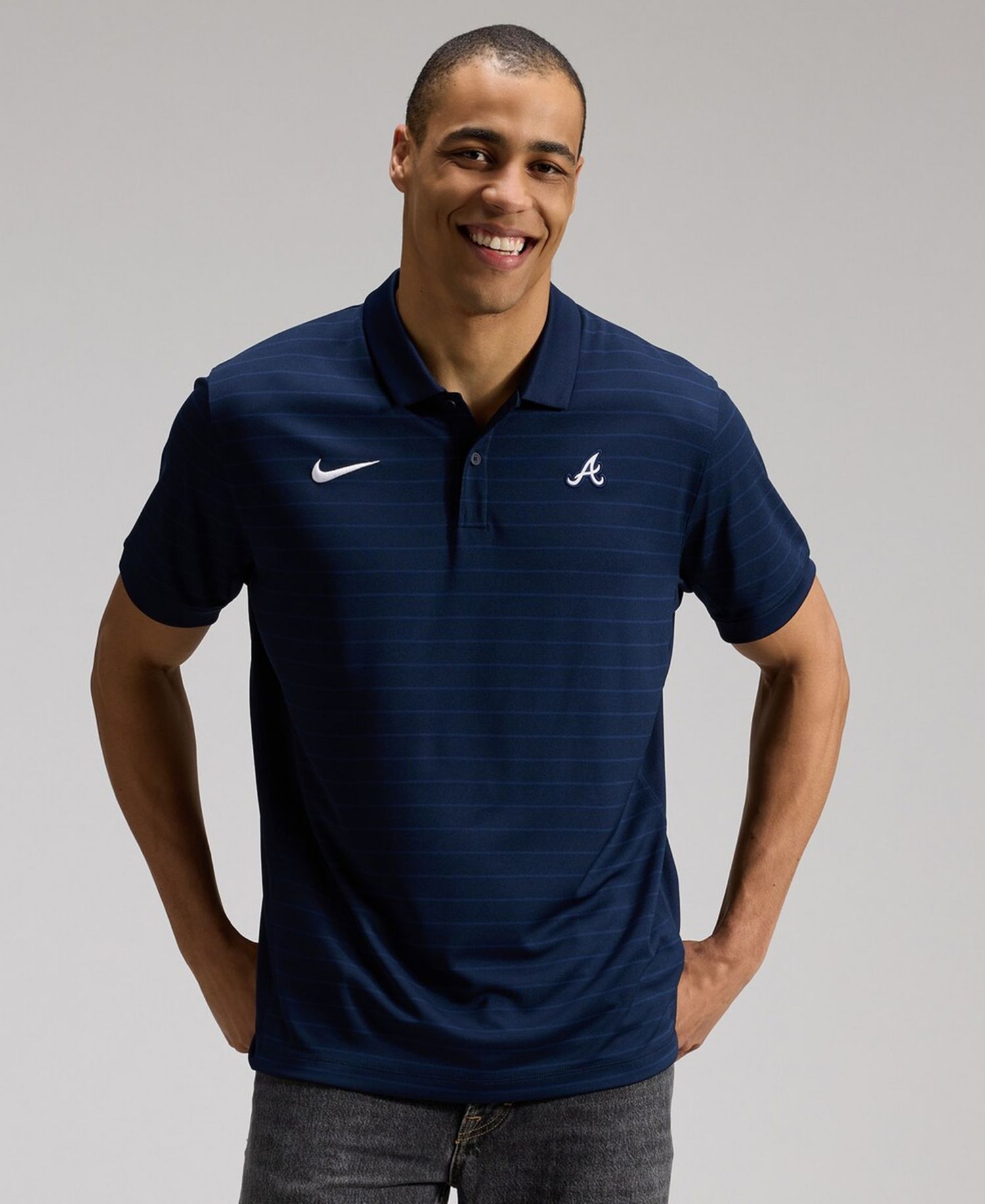 Men's Blue Atlanta Braves Authentic Collection Striped Victory Dri-FIT Polo Shirt