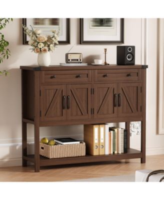 47 Inch Modern Farmhouse Wooden Console, Sideboard Buffet with 2 Drawers, 4 Barn Doors and Open Shelf for Multi-Room Storage