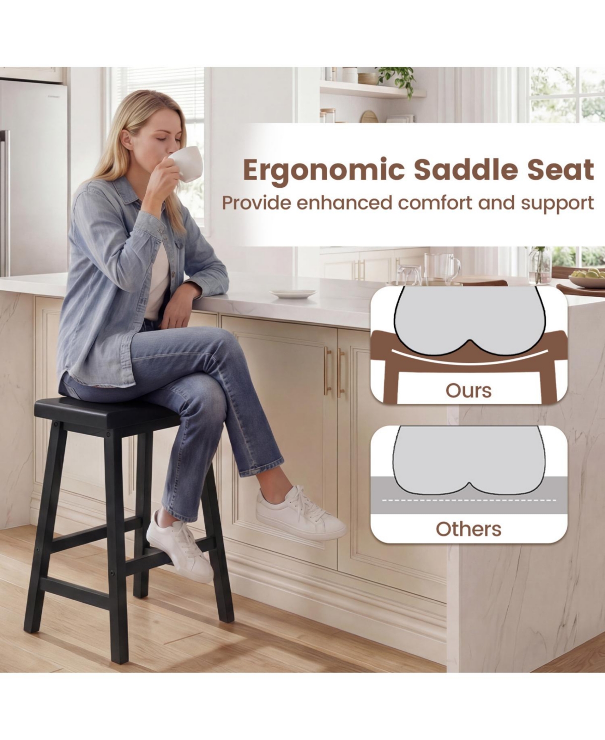 Slickblue Set of 2 24 Inch Counter Height Stools with Solid Wood Saddle Seats