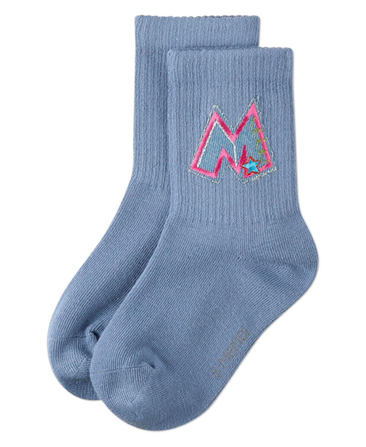 MeMoi Girls Ribbed Cotton-Rich Crew Socks with Embroidered Denim "M" Patch