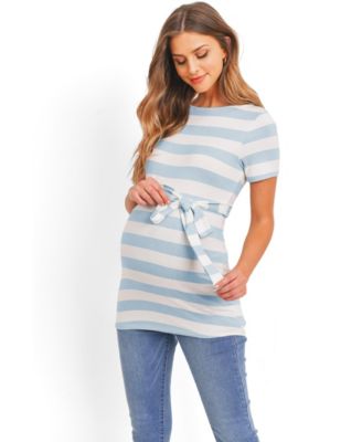Women's Maternity Striped Tie-Waist Short Sleeve Tunic Top