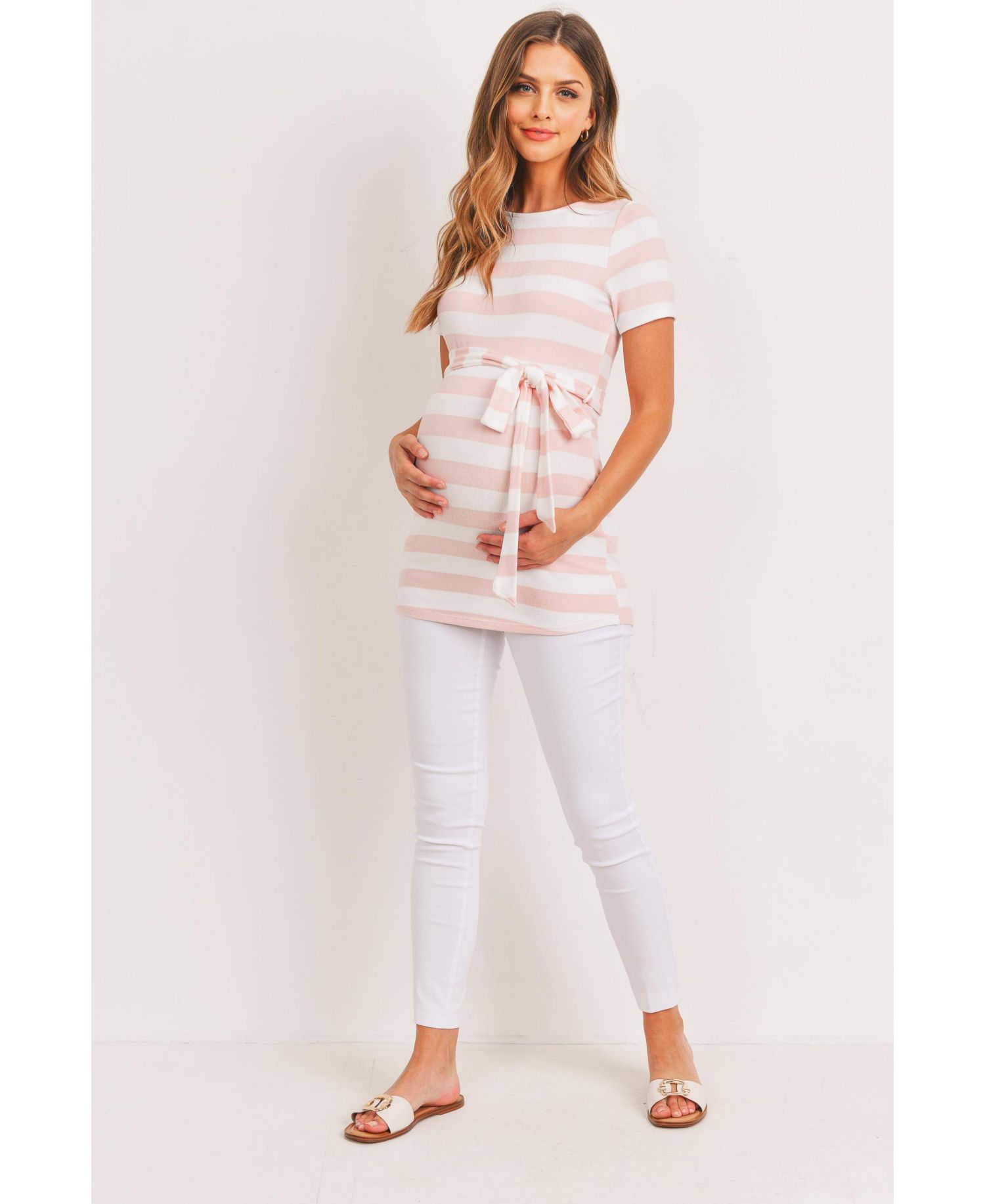 Women's Maternity Striped Tie-Waist Short Sleeve Tunic Top