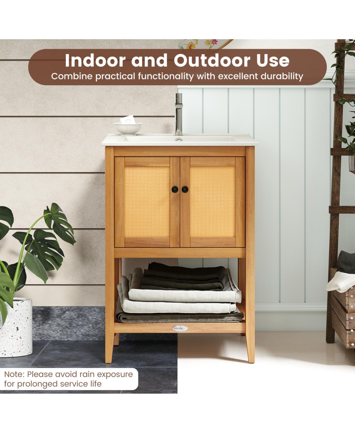 Volenca Bathroom Vanity with Ceramic Sink, Rattan Doors, and Slatted Shelf