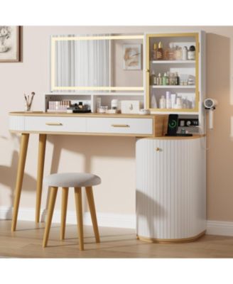 47.2" Vanity Desk with Lighted Mirror, Charging Station, Drawer, Cabinet and Stool, Makeup Table for Bedroom