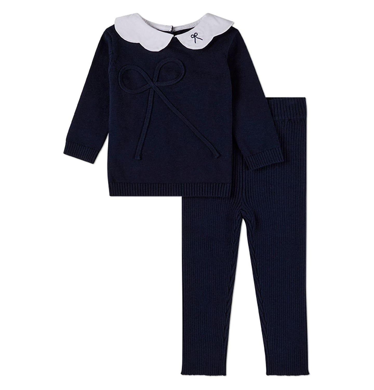 MeMoi 2 Piece Baby Girls "Pop Collar" Cotton Knit Set with Bow Accents, цвет: Тёмно-синий белый — фото 1