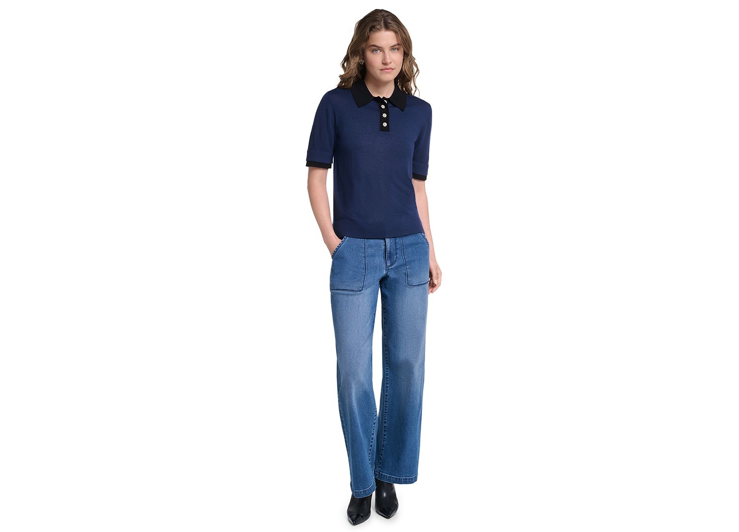 Petite Short-Sleeve Contrast Collar Sweater