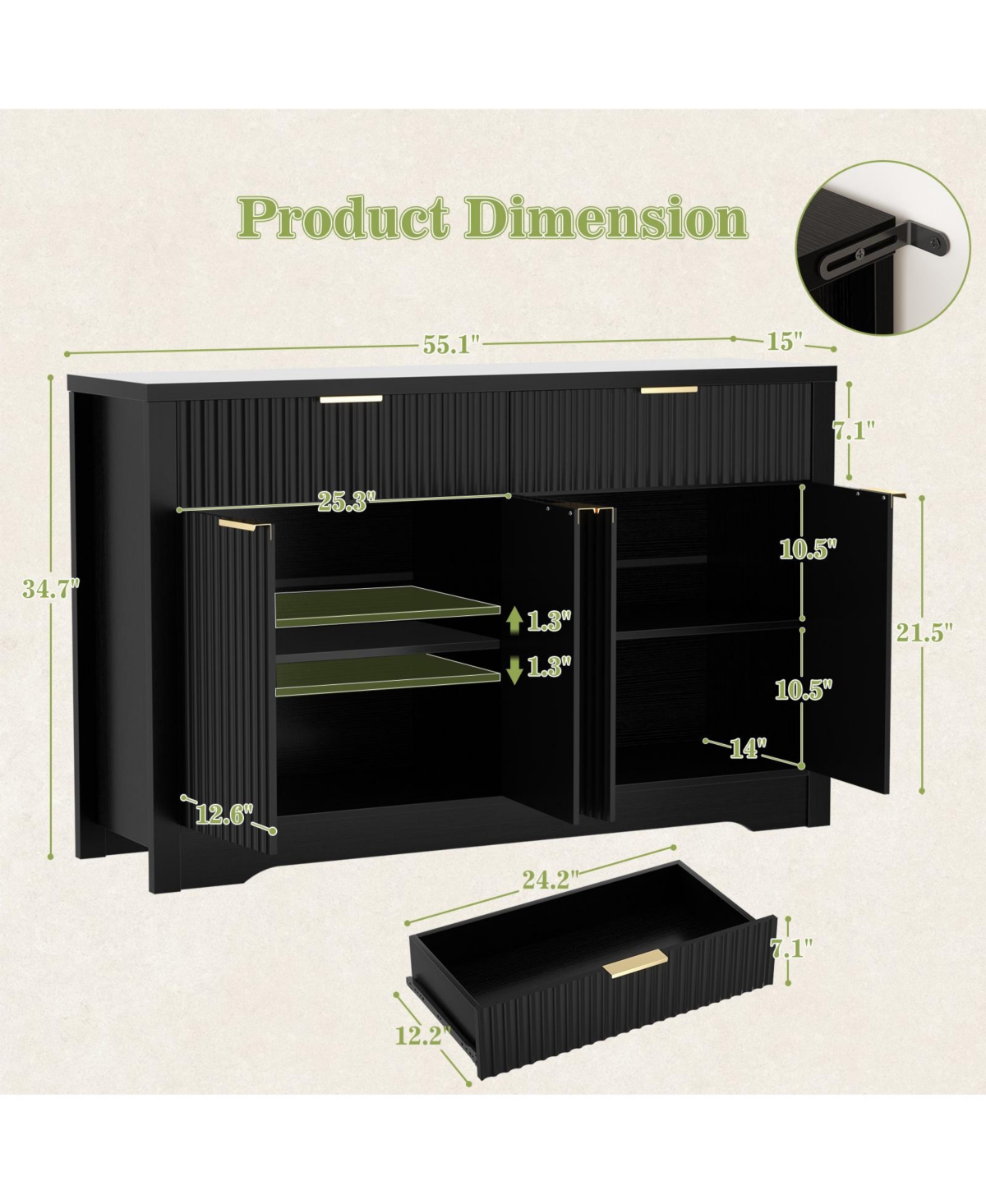 Aheaplus 55" Wood Modern Sideboard Buffet Cabinet with Door and Storage Drawers