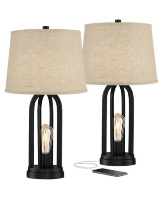 Marcel Industrial Table Lamps 24 1/4" High Set of 2 Black with USB Port LED Nightlight Burlap Drum Shade for Bedroom Living Room Desk