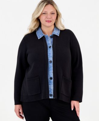 Plus Size Notch Collar Denim Cardigan