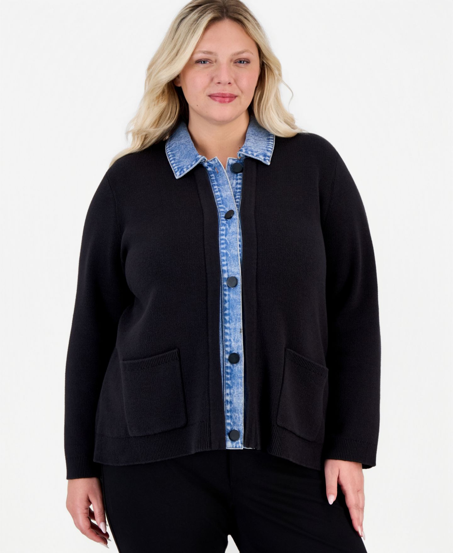Женский кардиган Jones New York Plus Size Notch Collar Denim, цвет: Чёрный — фото 1