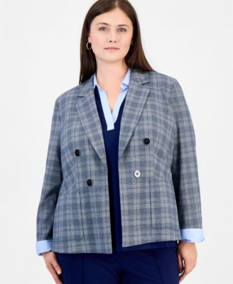 Plus Size Faux Double-Breasted Plaid Patch-Pocket Blazer