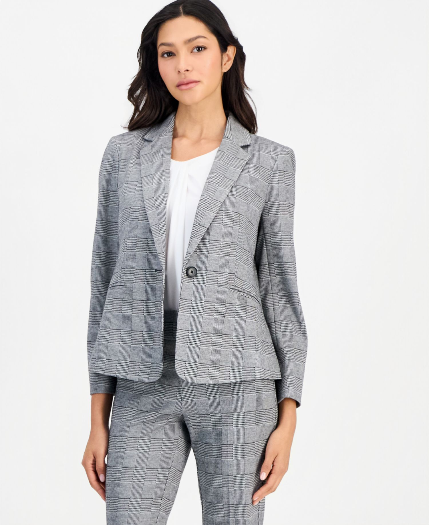 Petite Plaid One-Button Blazer