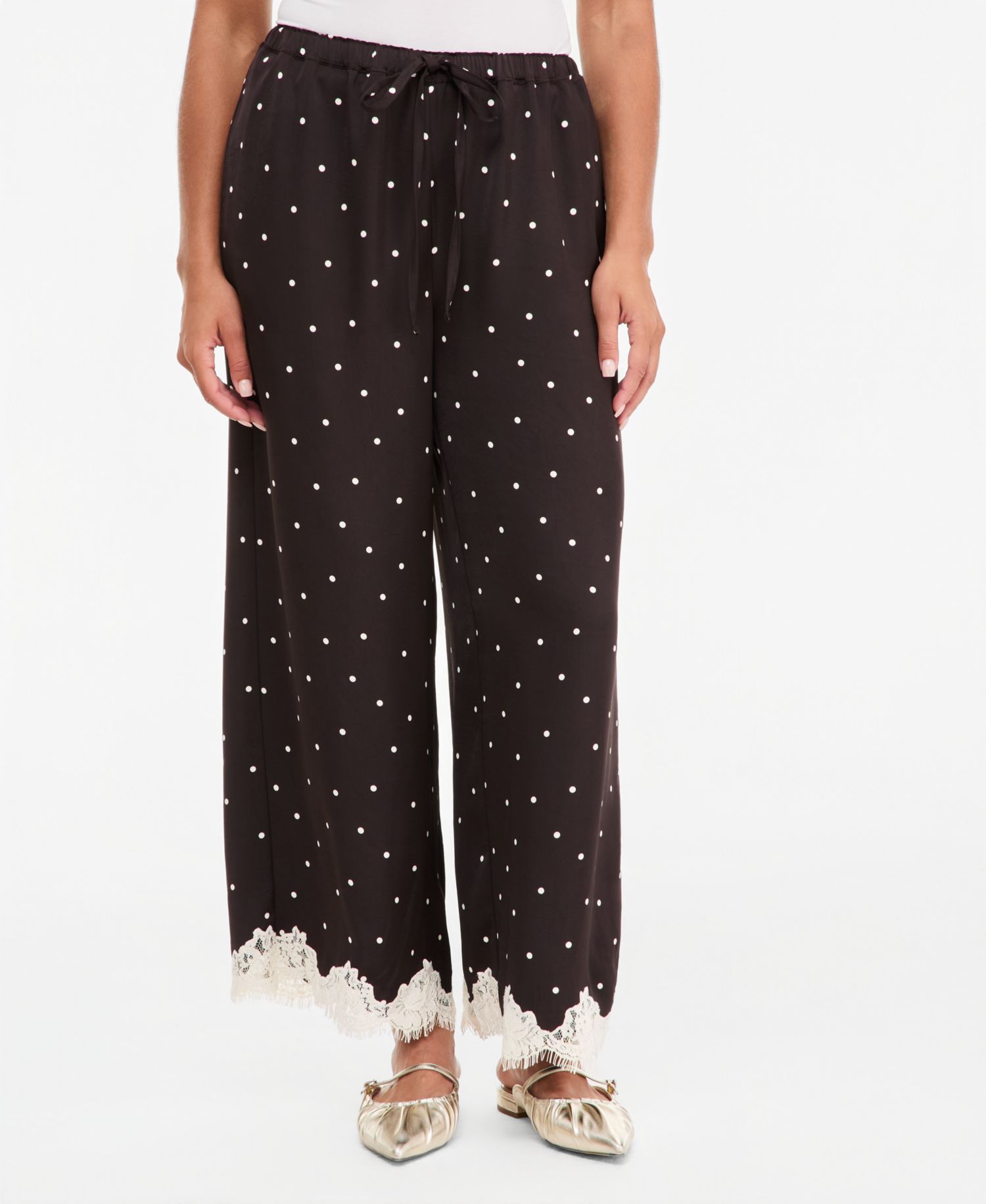 Women's Pull-On Dot Lace-Trim Wide-Leg Pants