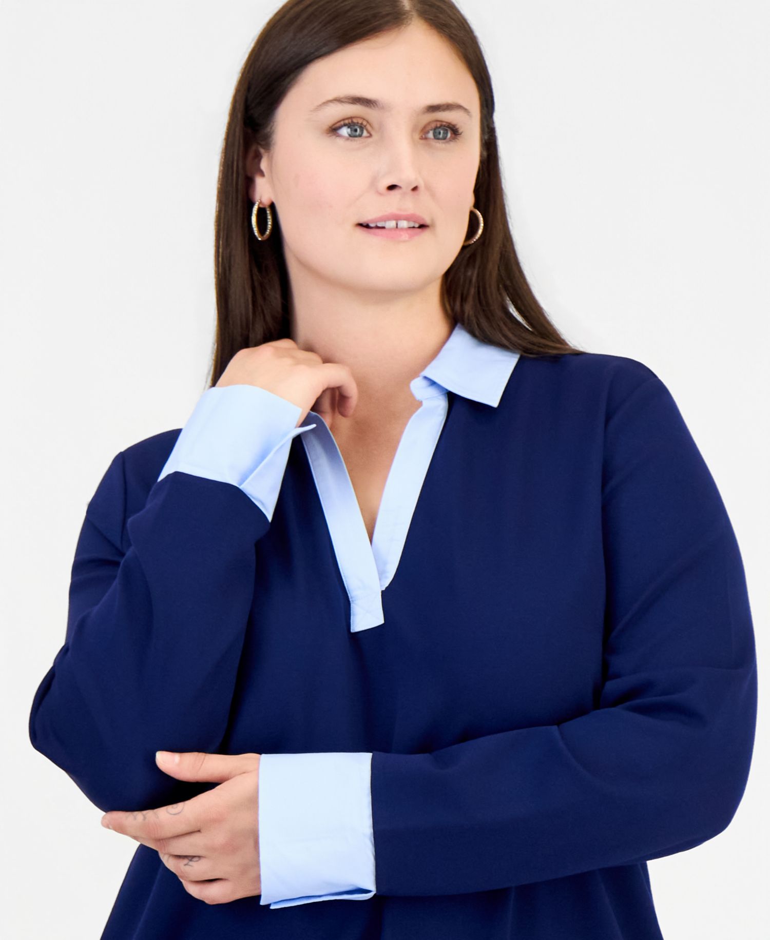 Plus Size Twofer Long-Sleeve Collared V-Neck Woven-Cuff Blouse