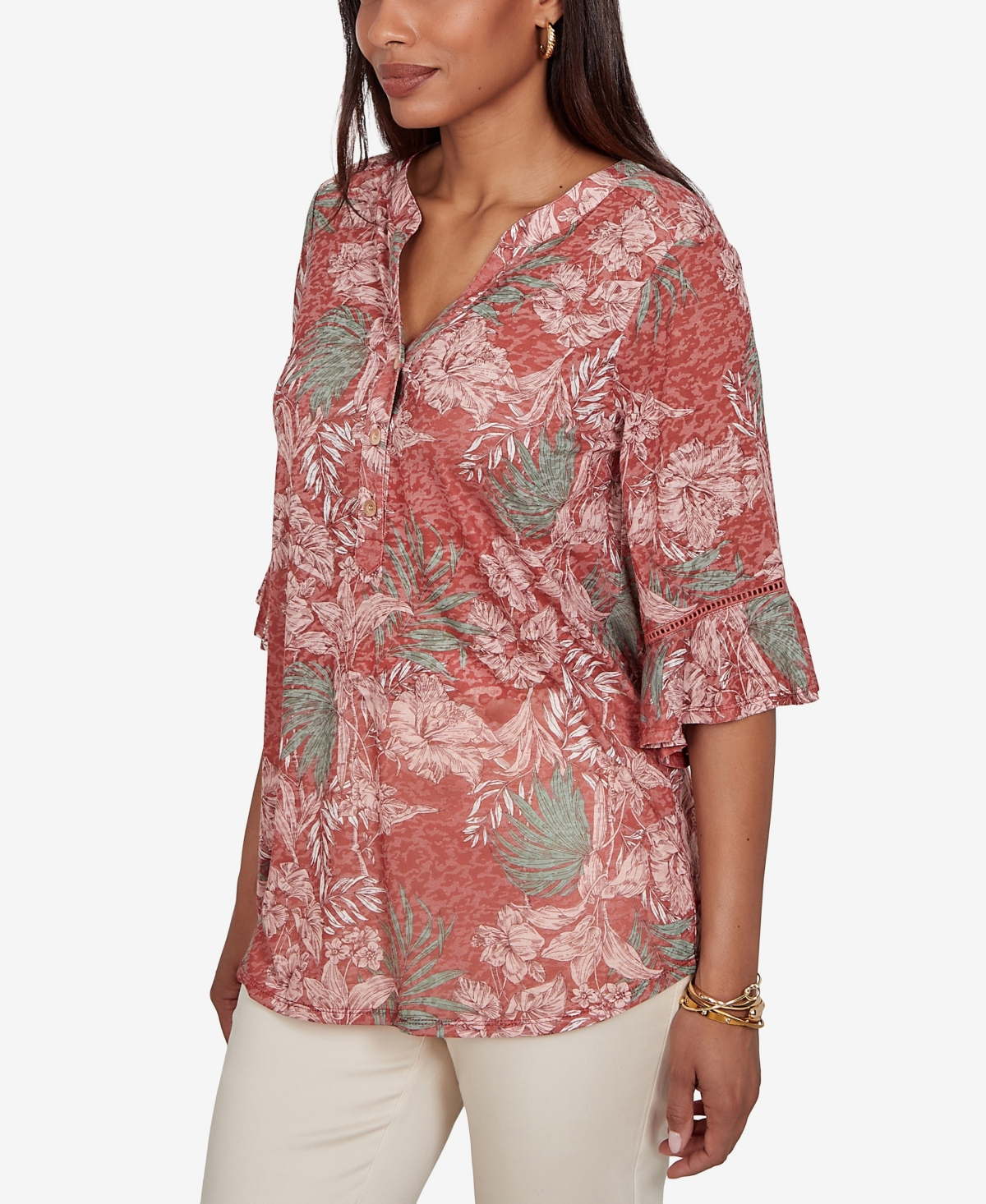 Ruby Rd. Petite Tropical Floral Burnout Split Neck Top