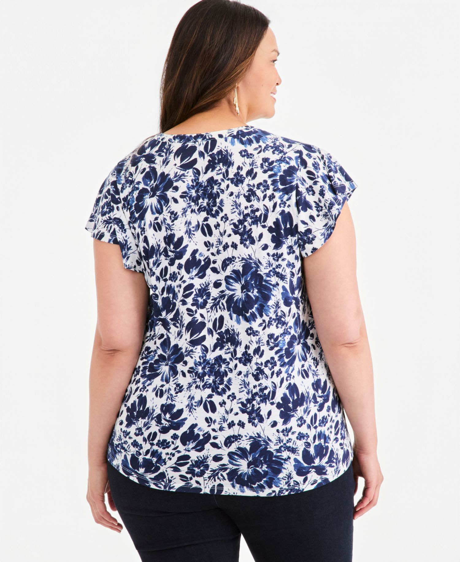 Plus Size Printed V-Neck Flutter-Sleeve Top