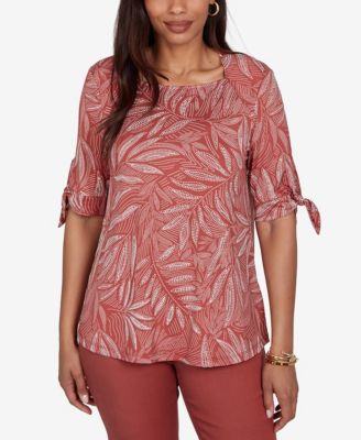 Petite Leaf Puff Print Knit Tie-Sleeve Top