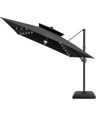Outdoor Patio 11x11Feet Aluminum Double Canopy Solar Lights Cantilever Umbrella with Base