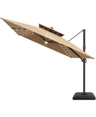 Outdoor Patio 11x11Feet Aluminum Double Canopy Solar Lights Cantilever Umbrella with Base