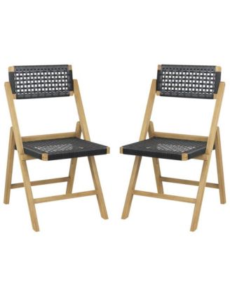 Set of 2 Folding Chairs Indonesia Teak Wood Dining Chairs with Woven Rope Seat and Back