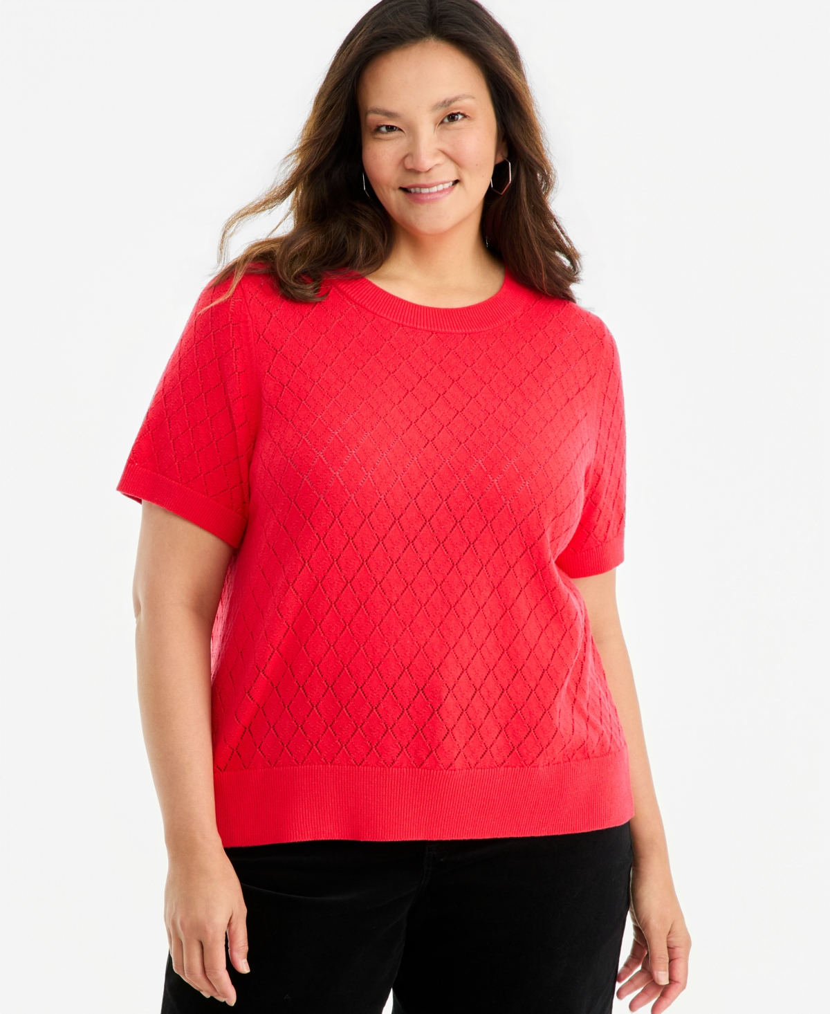 Style & Co Plus Size Pointelle Crewneck Short-Sleeve Sweater, Macy's Exclusive - Lollipop