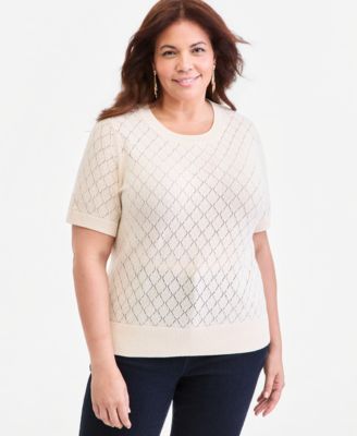 Plus Size Pointelle Crewneck Short-Sleeve Sweater