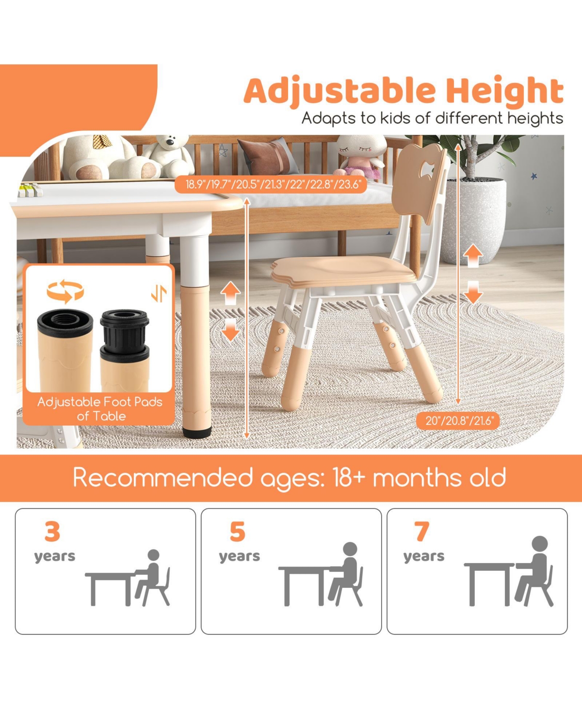Gouun Kids Adjustable 4-Seat Table and Chairs Set with Stackable Seating