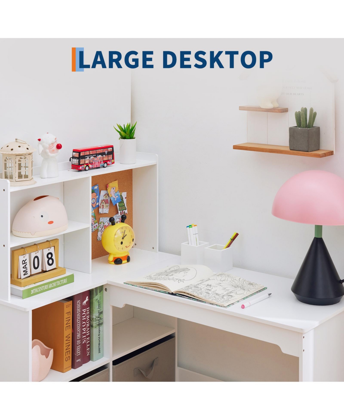 homfan Kids Corner Desk and Chair Set, White L Shaped Study Table with Storage Shelves and Bulletin Board for Bedroom