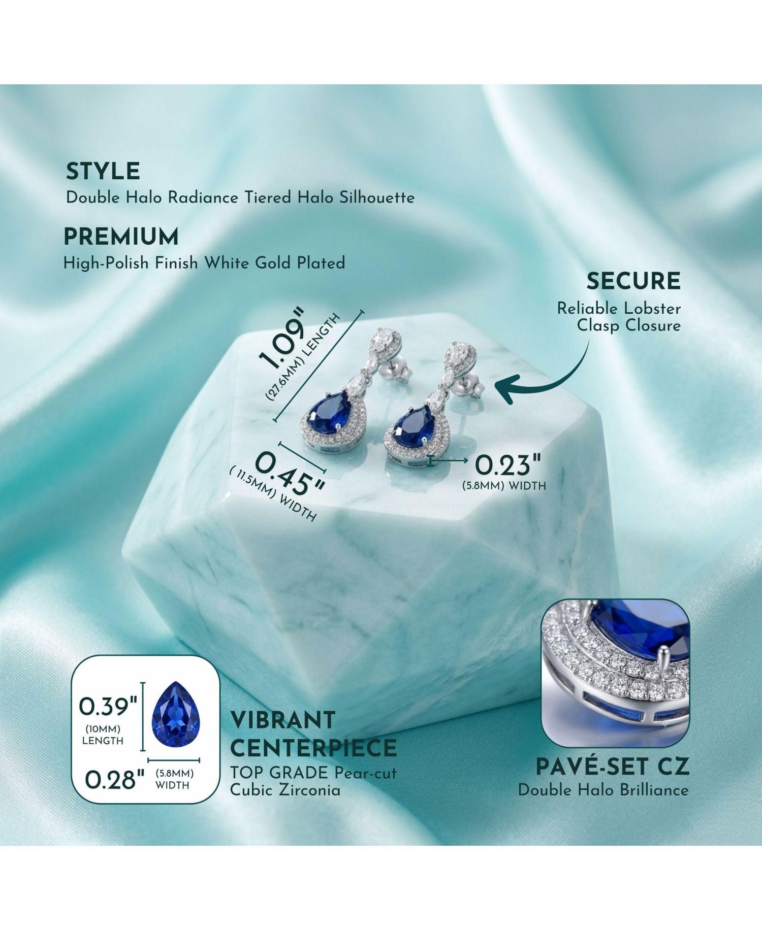 Dazzling White Gold Plated CZ Double Halo Drop Earrings
